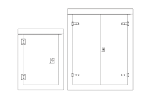 A drawing of single door and double door cabinets